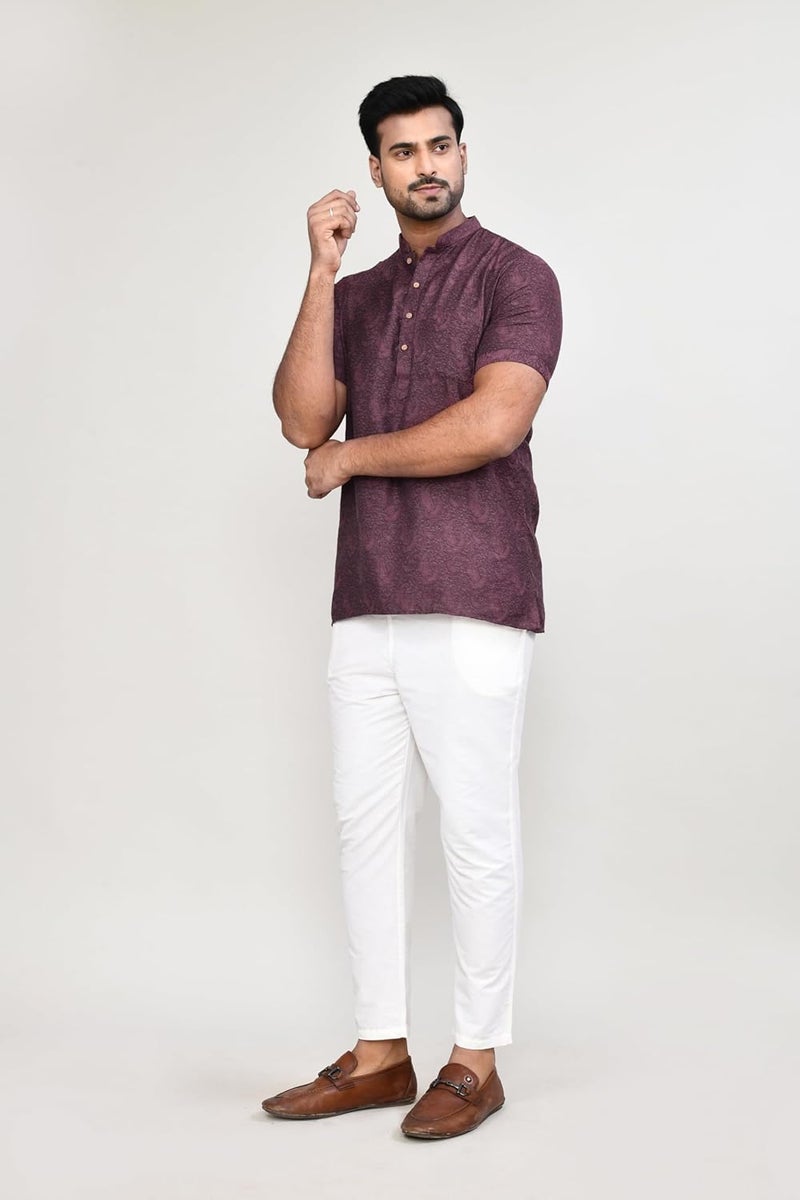 POLY2FAB Hathkargha Men’s Short Sleeve Kurta with All-Over Paisley Print, Mandarin Collar & Button Placket - Image 4